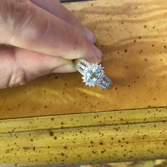 Natural Aquamarine Sterling Silver Halo Ring Size 8 - Picture 7 of 7